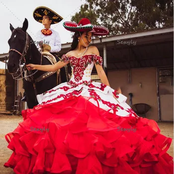 Elegantne Punane Ja Valge Quinceanera Kleidid 2022 Charro Mehhiko Maha Õla Beaded Crystal Ruffles Magus 15 Kleit Korsetti