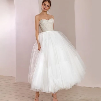 Pall Kleit Midi Pulm Kleit Valge Sädelevat Kullake Pundunud Printsess Pulmad Kleit 2022 Backless Tülli Luksus Lühike Pruudi Kleit