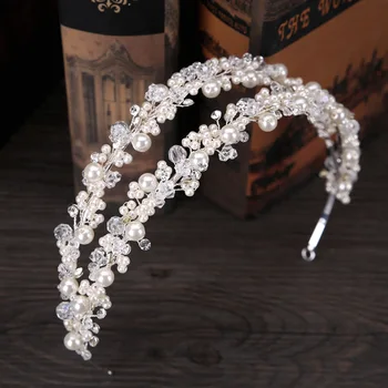 Topelt rida valge käsitsi valmistatud kunstnahast pearl crystal headdress pruudi juuksed kroon