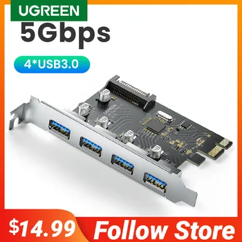 UGREEN USB 3.0 PCIe Kaart 5Gbps USB 3.0 PCIe Laiendamise Kaart, 4 Porti PCIe - > USB Adapter koos 15-pin, SATA Toite Pistik