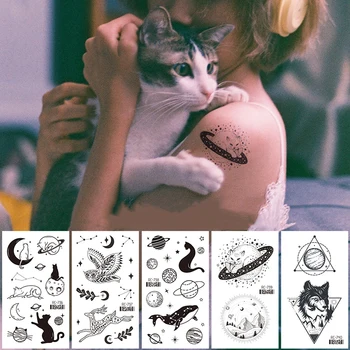 Armas Väike Ajutine Tätoveering Kleebised Musta Ruumi Loomade Moon Kass, Vaal, Linnud Tattoo Muster Vee Üleandmise Käe Sõrme Tätoveeringud