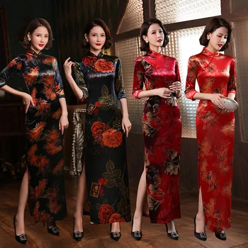 4 Värvi Velvet Cheongsam Pluss Suurus Pikad Varrukad Vintage Paranenud Naiste Kleit Slim-fit Elegantne Qipao S 5XL