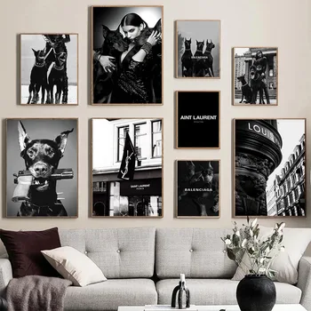 Must ja Valge Daam Koeraga Pilte Mood Pariisi Luksus Brändi Plakatid Põhjamaade Seina Art Lõuend Maalimine elutuba Decor