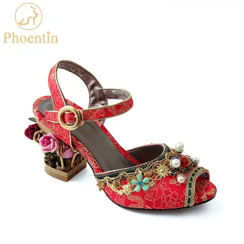 Phoentin Hiina punane kristall pulm sandaalid daamid string rant 2020 lill, kontsad metallist pannal rihma naiste sandaalid FT467