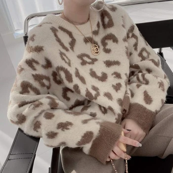 Talvel Korea Naiste Kootud Kampsun Lahtine O-Kaeluse Leopard Pulloverid Tops Naine Heegelda Lühike Baas Paksenema Väljaspool Kudumid